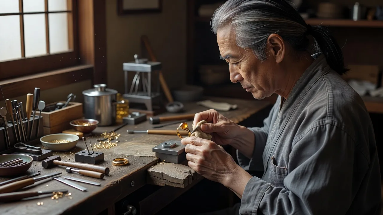 ゴールドリングを研磨する職人の手
