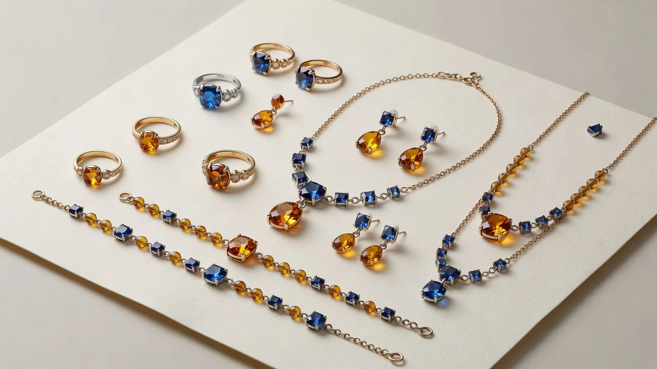 琥珀コレクション、艶やかな金と琥珀の宝飾品一式
