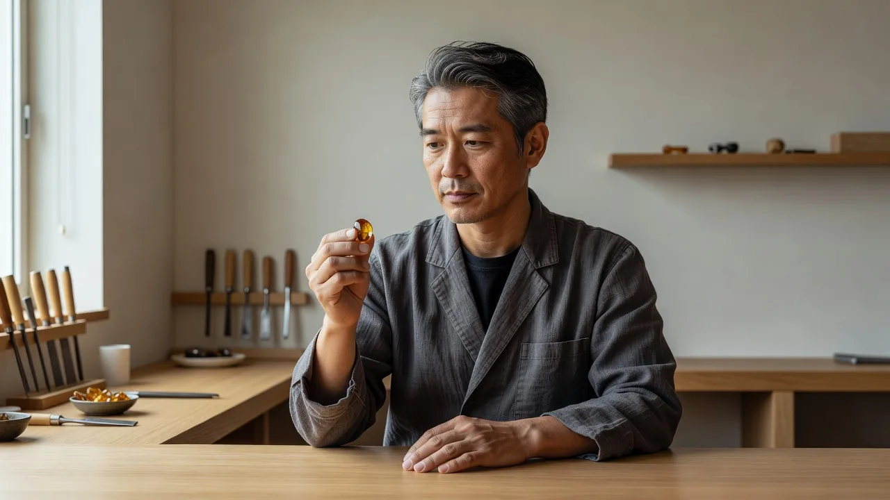 琥珀の指輪を手にする男性職人