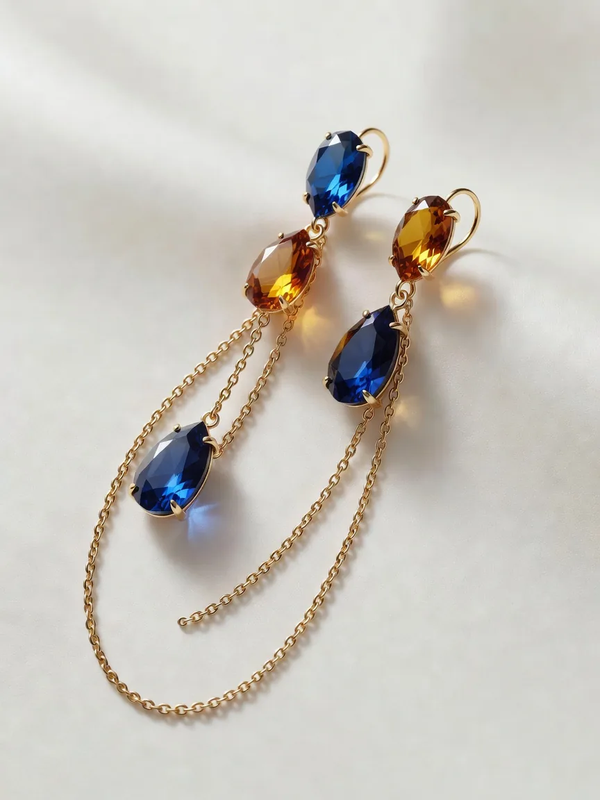 サファイアと琥珀のロングドロップピアス